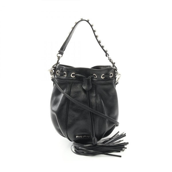 Miu Miu Crystal drawstring bucket 2way shoulder Handbag leather Black Used Women