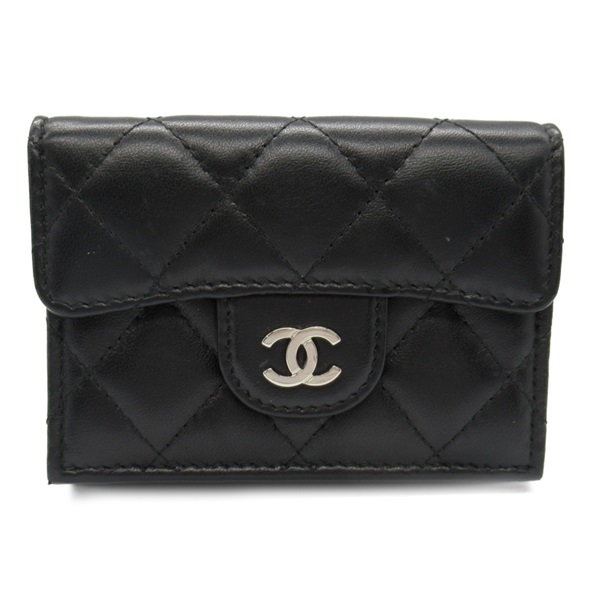 CHANEL CC Matelasse Tri-fold Wallet Purse Lamb leather Black Used Women Coco