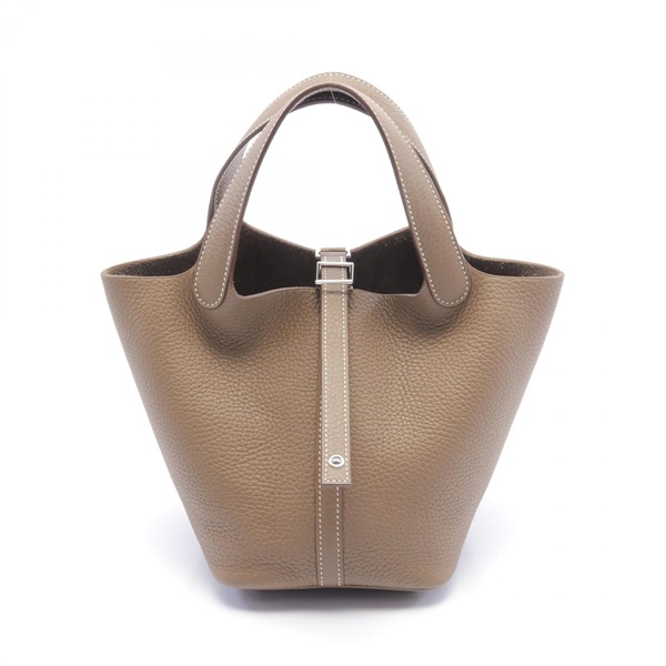 HERMES Picotin Lock PM Hand bag W Taurillon Clemence Etoupe Grey Used SHW