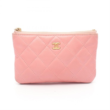 CHANEL Matelasse Classic Mini Pouch  bag A82365 Lamb sheep leather Pink Used CC