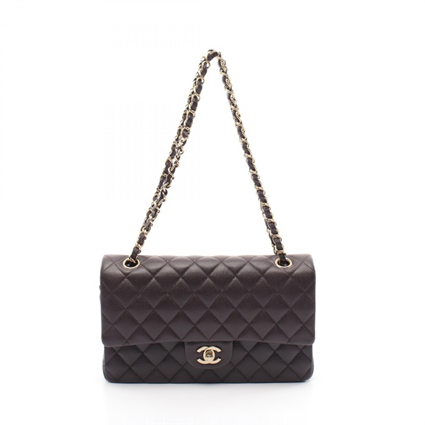 CHANEL Matelasse W flap Shoulder Bag A01112 Grained calfskin Brown Used Women CC