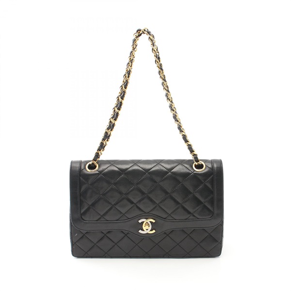 CHANEL Chain Shoulder Bag Lambskin leather matelasse Black Used Women GHW CC