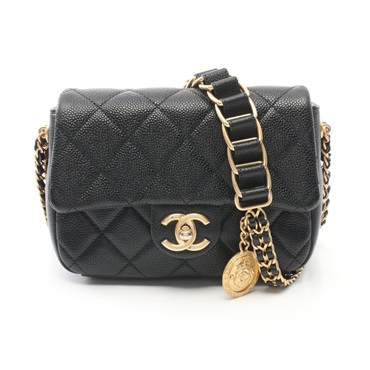 CHANEL Matelasse Camellia Shoulder Bag Grained calfskin Black Used Women GHW CC