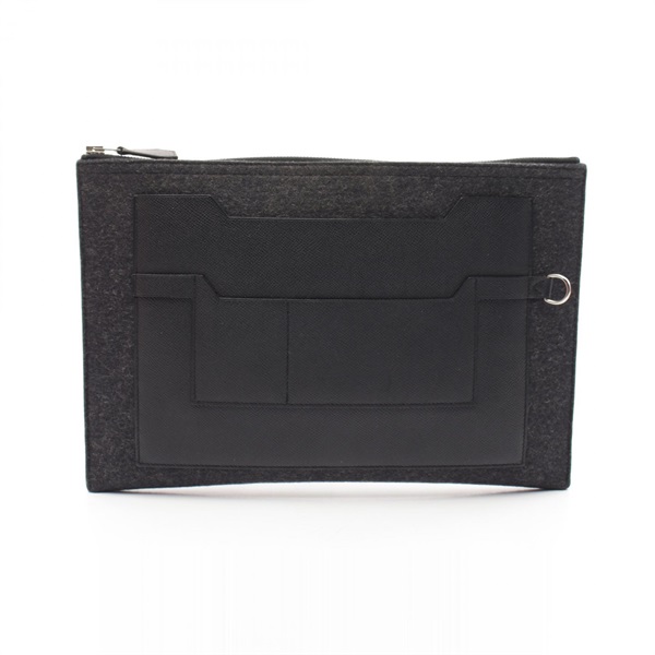 HERMES Toodoo 37 business clutch bag Felt Epsom leather Gray Black Used mens X