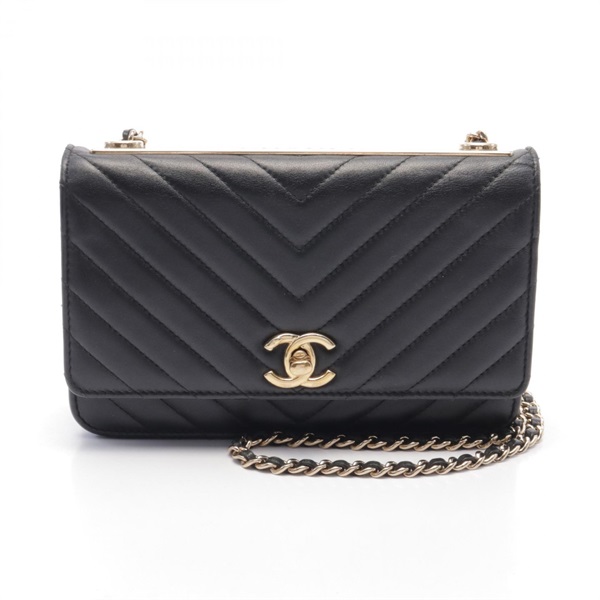 CHANEL Chevron V Stitch Chain Shoulder Bag leather Black Used Women GHW CC Coco