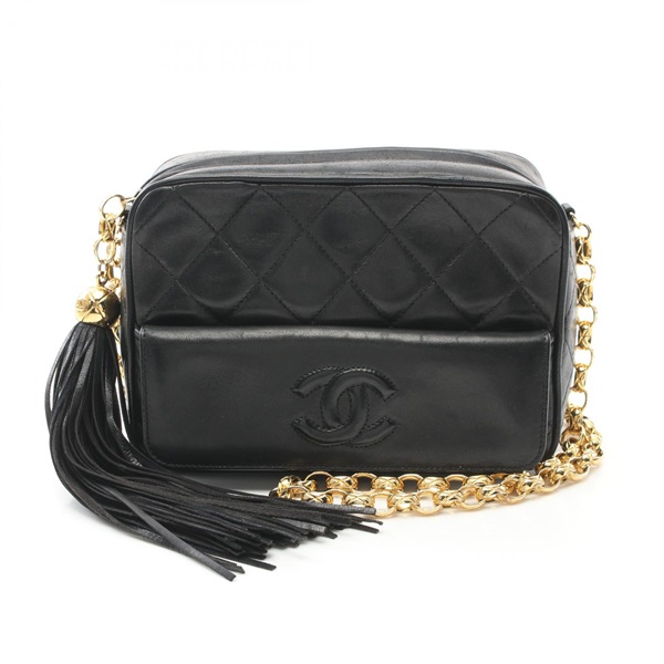 CHANEL Matelasse chain crossbody Shoulder Bag Lambskin fringe Black Used GHW