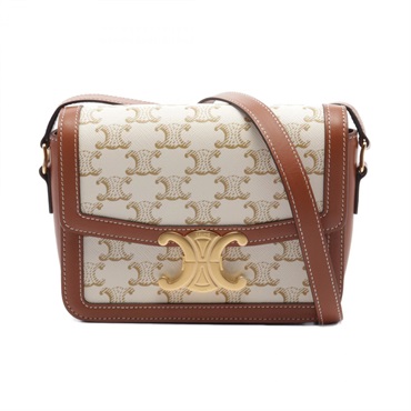 CELINE Teen Triomphe Shoulder Bag 188882 canvas leather White Brown Used Women