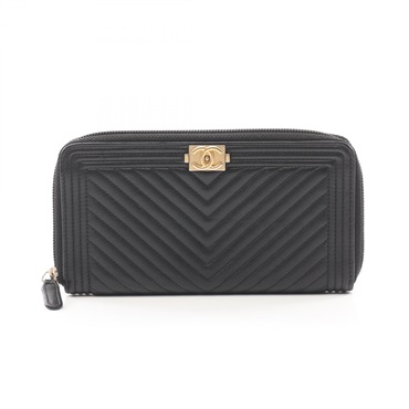 CHANEL Boy chanel long wallet A80487 Lamb skin sheep leather Black Used Women CC