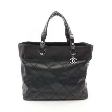 CHANEL Paris Biarritz MM Tote Bag A34209 canvas leather Black Used SHW
