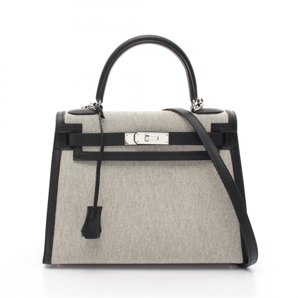 HERMES Kelly 28 Handbag Toile H Swift leather Gray Black Ecru Used Women Z SHW