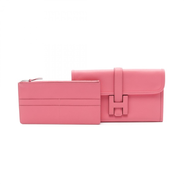 HERMES Jige Duo business clutch bag Evercolor leather Pink Rose azalee Used C