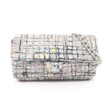 CHANEL Matelasse tweed print Chain Shoulder Bag leather White SHW Used Women CC