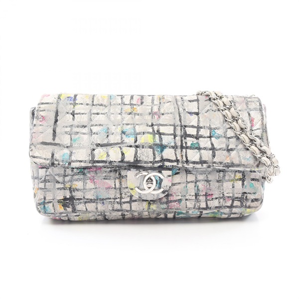 CHANEL Matelasse tweed print Chain Shoulder Bag leather White SHW Used Women CC