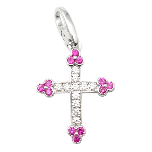 CARTIER Cross Pendant Top Diamond Pink Sapphire 18KWG White Gold Used women
