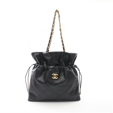 CHANEL Drawstring Matelasse Tote Bag leather Black Used Women