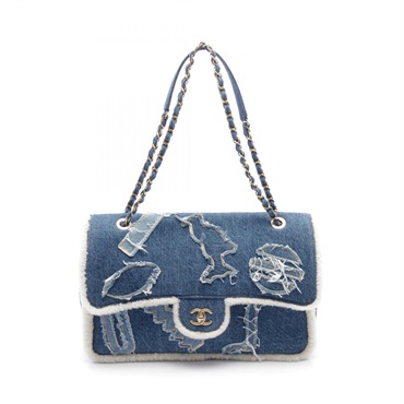 CHANEL Egyptian Line chian Shoulder Bag denim Mouton Blue White Used GHW