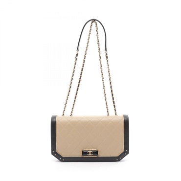 CHANEL Matelasse chain Shoulder Bag Lambskin Beige Black Used GHW
