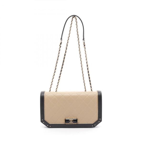 CHANEL Matelasse chain Shoulder Bag Lambskin Beige Black Used GHW