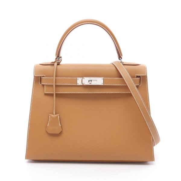 HERMES Kelly 28 2way shoulder Hand bag C outside stitched leather SHW Natural