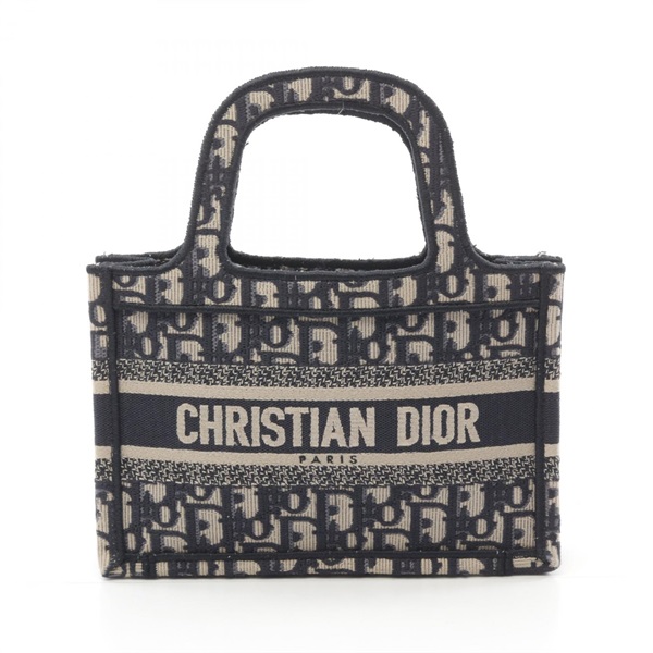 Dior BOOK TOTE Mini Handbag canvas Navy Beige Used Women logo