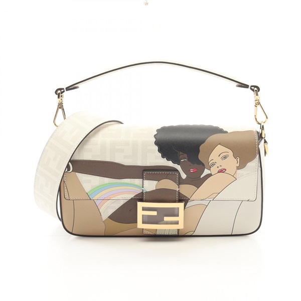 FENDI Mamma Bucket Antonio Lopez Handbag 8BR600 canvas leather White Used Women