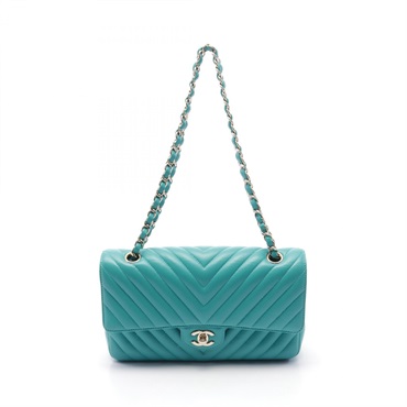 CHANEL Chevron V-stitch W-flap Shoulder Bag A01112 Lamb sheep leather Green Used