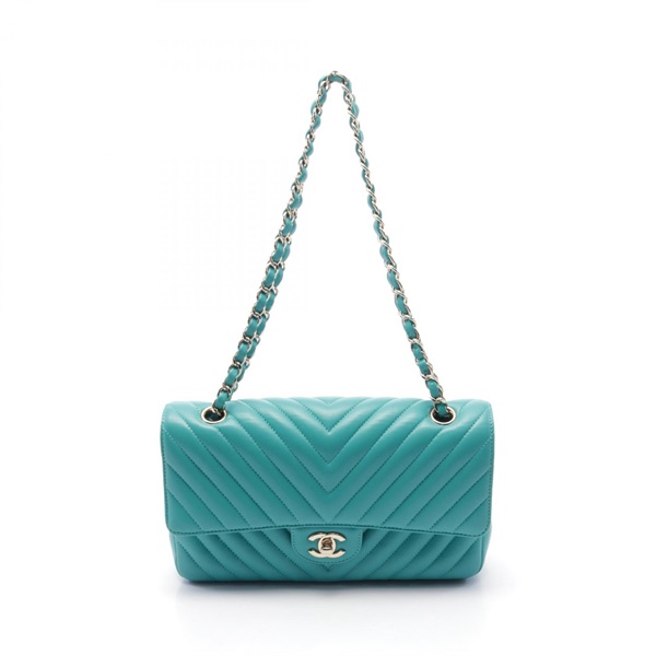 CHANEL Chevron V-stitch W-flap Shoulder Bag A01112 Lamb sheep leather Green Used