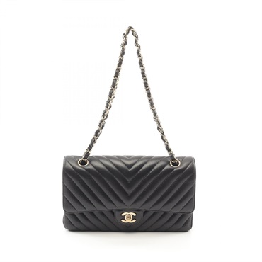 CHANEL Chevron V Stitch Shoulder Bag A01112 Lambskin Black Used Women