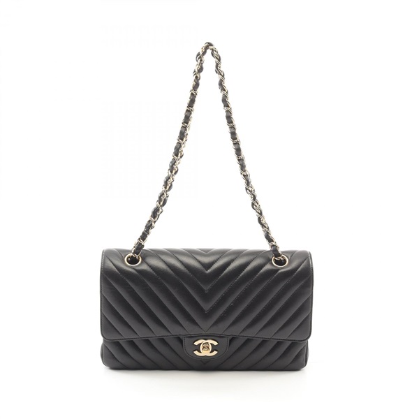 CHANEL Chevron V Stitch Shoulder Bag A01112 Lambskin Black Used Women