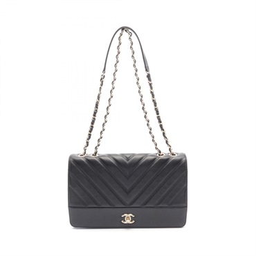 CHANEL Chevron V-stitch full flap Shoulder Bag Lambskin Black Used Women