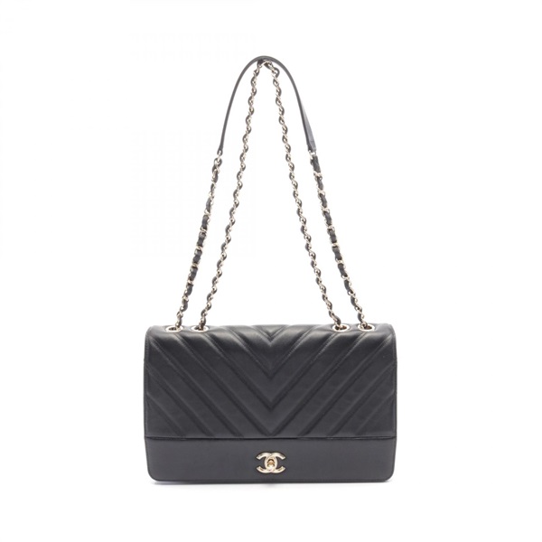 CHANEL Chevron V-stitch full flap Shoulder Bag Lambskin Black Used Women