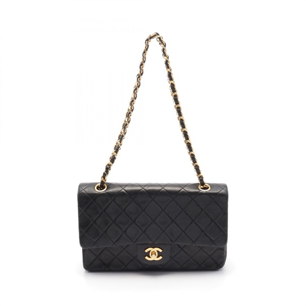 CHANEL Matelasse W flap Shoulder Bag A01112 Lambskin Black Used Women