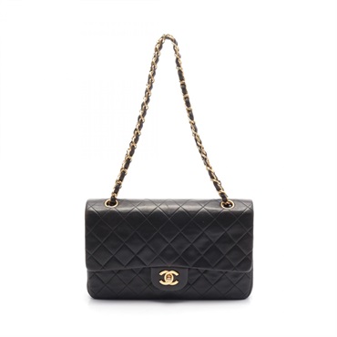 CHANEL Matelasse W flap Shoulder Bag A01112 Lambskin Black Used Women