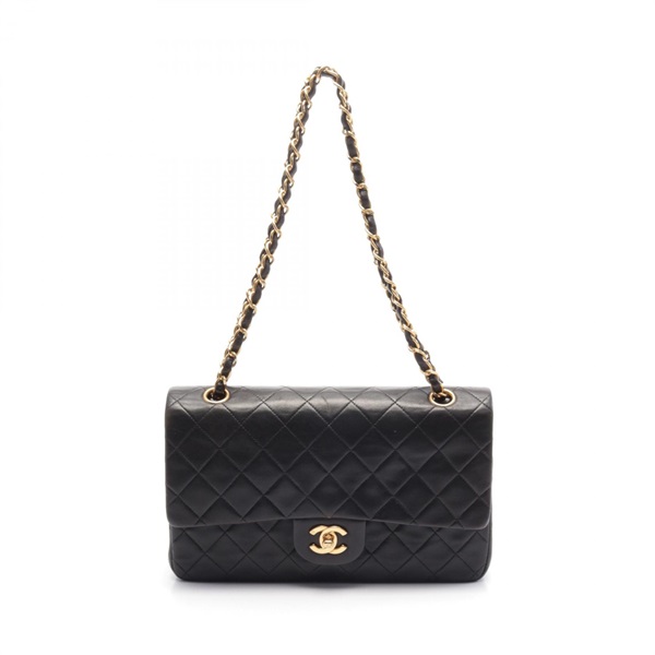 CHANEL Matelasse W flap Shoulder Bag A01112 Lambskin Black Used Women