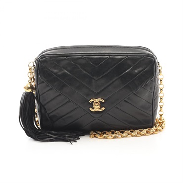 CHANEL V stitch Shoulder Bag Lambskin sheep leather Black Used Women
