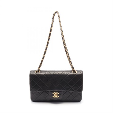 CHANEL Matelasse W flap Shoulder Bag A01113 Lamb sheep leather Black Used Women