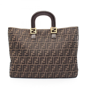 FENDI Zucca Hand Tote Bag canvas leather Brown Black Used Women