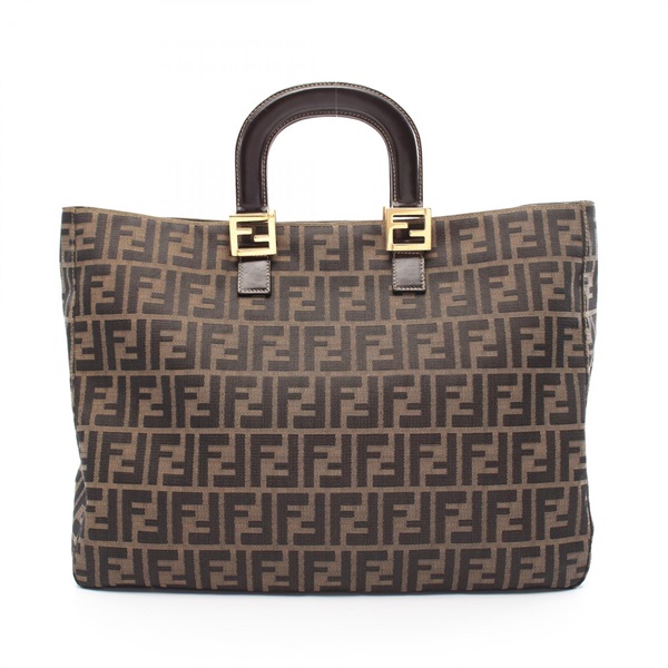 FENDI Zucca Hand Tote Bag canvas leather Brown Black Used Women
