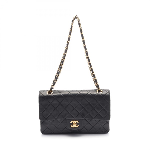 CHANEL Matelasse W flap Shoulder Bag A01112 Lambskin Black Used Women