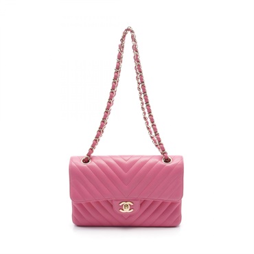 CHANEL Chevron V-stitch W-flap chain Shoulder Bag A01113 Lambskin Pink Used GHW