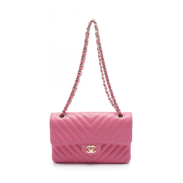 CHANEL Chevron V-stitch W-flap chain Shoulder Bag A01113 Lambskin Pink Used GHW