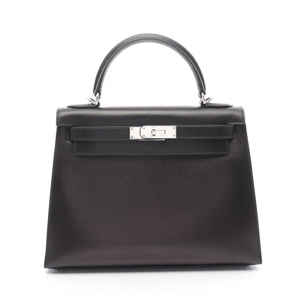 HERMES Kelly 28 Hand bag J Outside stitched Box calf leather Black Used SHW