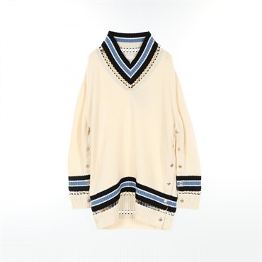 BURBERRY Pullover Sweater knit wool Beige Black Blue #L Used Women