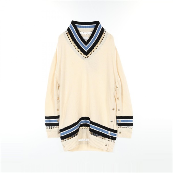 BURBERRY Pullover Sweater knit wool Beige Black Blue #L Used Women