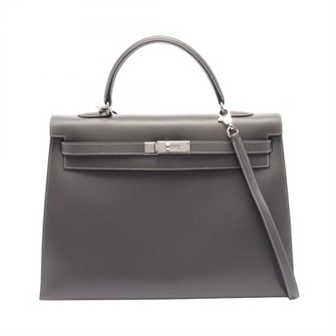 HERMES Kelly 35 2way shoulder Hand bag B Outside stitched Box Graphite Used SHW