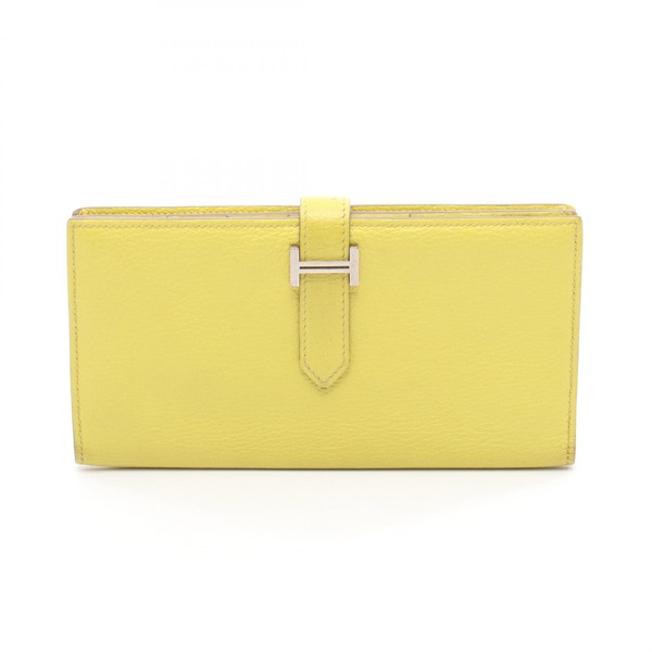 HERMES Bearn Soufflet Bifold purse Chevre leather Yellow Lime Used Women Q SHW