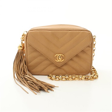 CHANEL Chevron V Stitch chain crossbody Shoulder Bag Grained Calf Beige Used GHW