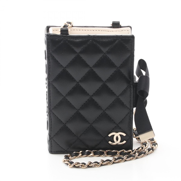 CHANEL Matelasse Book Card Case holder AP2953 Lambski Black Used GHW