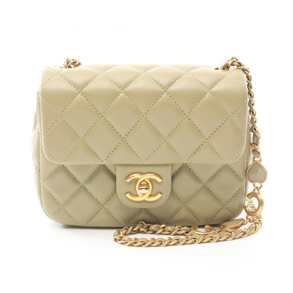 CHANEL Mini Matelasse chain crossbody Shoulder Bag Lambskin Olive Used GHW