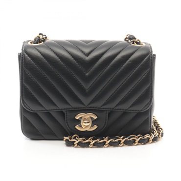 CHANEL Chevron V Stitch chain Shoulder crossbody Bag A35200 Lambskin BK Used GHW